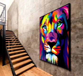 quadro grande rosto leão colorido